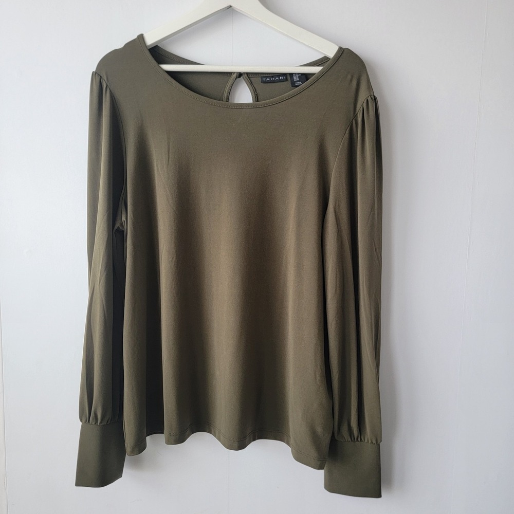 Tahari women's puff long sleeves top size xl olive green Work Career